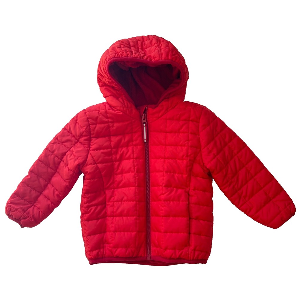 Cat & Jack Puffer Jacket Girls 2T Red Quilted Hooded Fleece Lined Full Zip